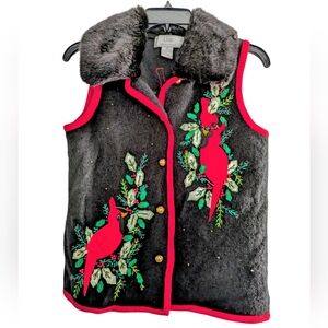 Lisa International Womens S Vest Black Boiled Wool‎ Cardinal Holiday Embroidered